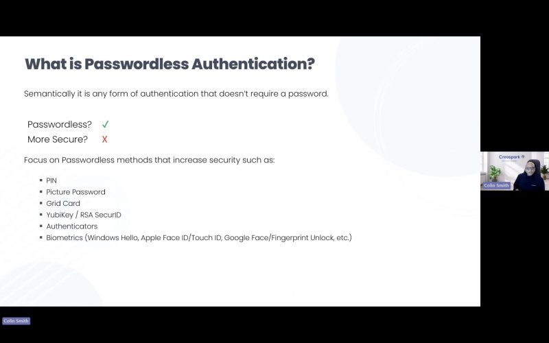 Screenshot of a slide from the passwordless authentication webinar